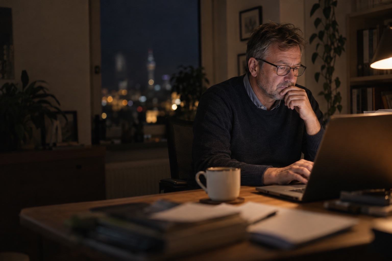 A property manager reads an enquiry on his laptop late in the evening