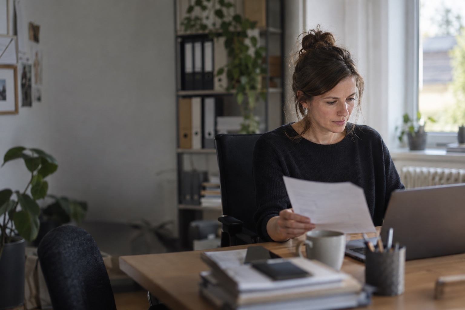 An office manager reads a supplier invoice at her desk