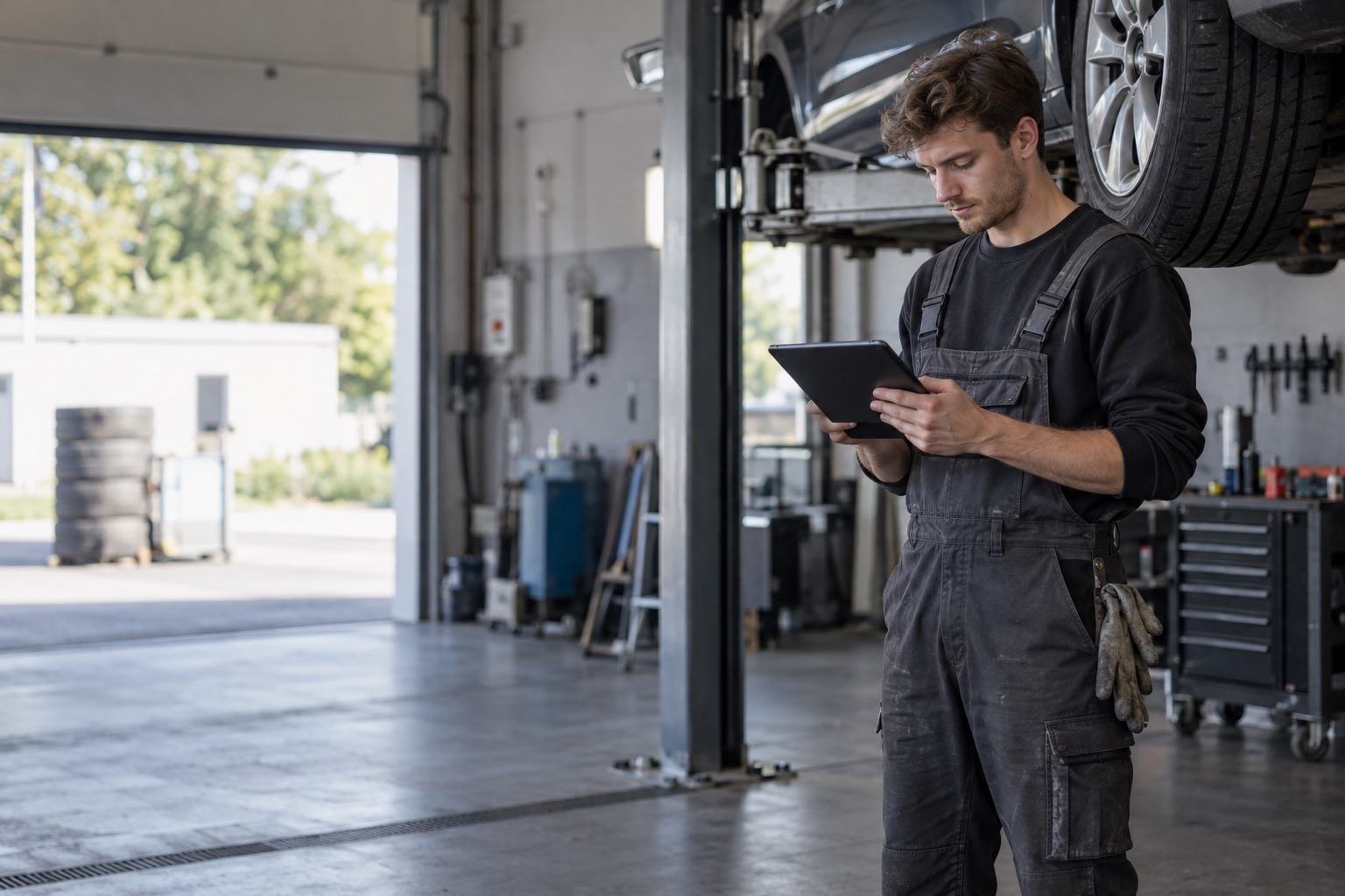 A young mechanic reads an answer on a tablet in the workshop